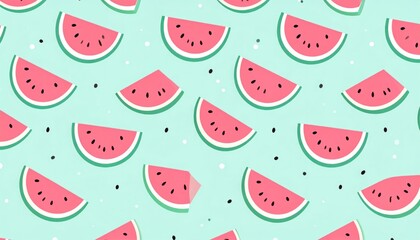 Colorful Watermelon Slice Pattern Scattered on Mint Green Background