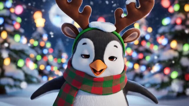 Animated penguin character wearing festive scarf standing in snowy winter scene with holiday lights