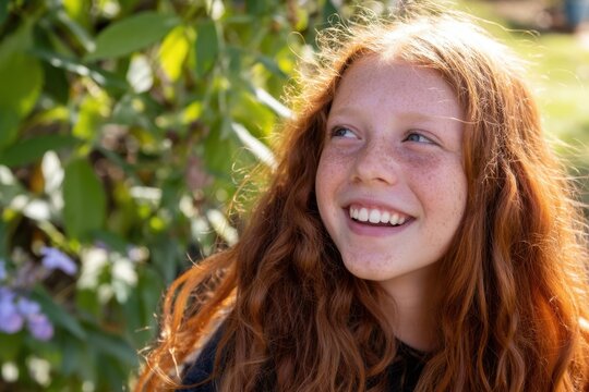 The red haired girl smiling outdoors in warm sunlight with freckled joyful expression