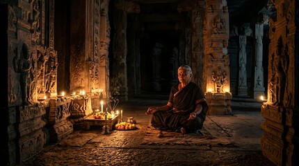Fototapeta premium Monk Meditating in Ancient Temple with Lit Candles.