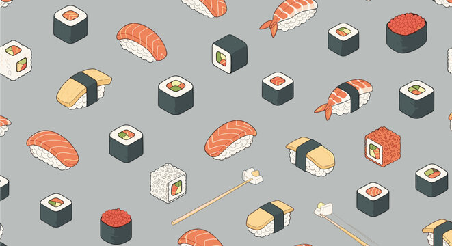 Detailed seamless pattern shows a variety of sushi rolls and nigiri with salmon and tuna on a grey background.
