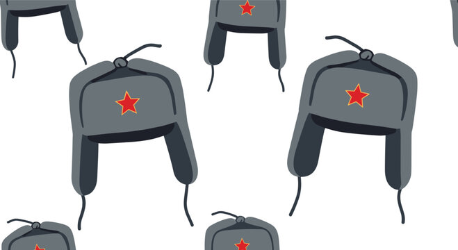 Seamless pattern showcasing grey Russian ushanka hats adorned with a red star symbol, representing cold weather cultural headwear.