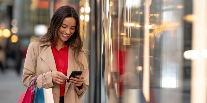 The Woman Using Smartphone While Shopping Beside a Storefront Window in City