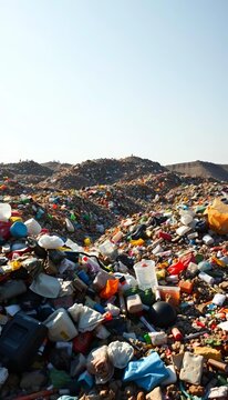 Landfill site with piles of discarded plastic waste and packaging materials, pollution, eco crisis