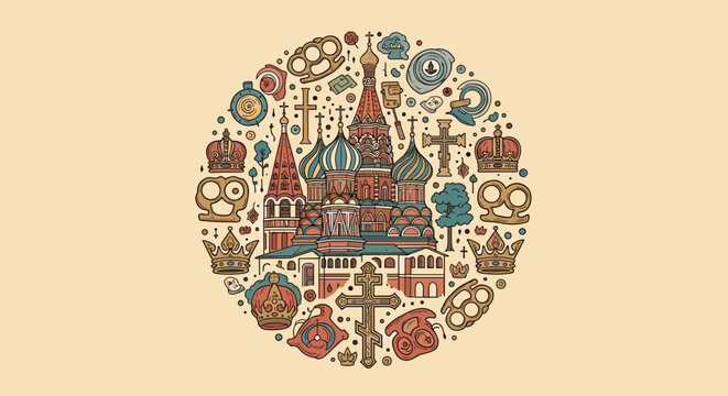Detailed circular arrangement of Russian icons includes Saint Basil Cathedral, crowns, brass knuckles, and traditional religious symbols.