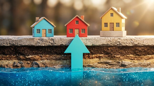 Rising Property Values: Miniature houses sit atop a cutaway view of the earth, illustrating the concept of rising property values driven by unseen forces from below, bathed in warm sunlight.