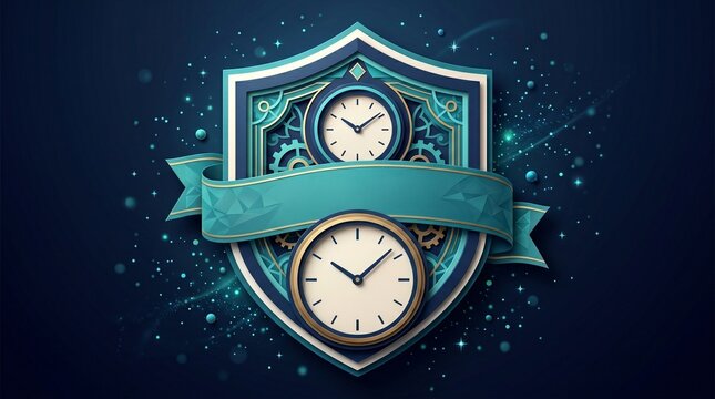 Time Shield Emblem: An ornate shield with intricate patterns displays two clock faces, symbolizing the passage of time and perhaps a commitment to timeliness or heritage, set against a deep blue.