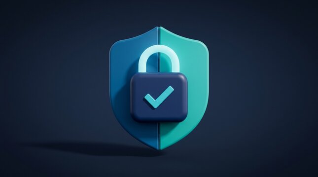 Secure Shield Icon: A 3D rendering of a shield with a padlock and a checkmark, symbolizing digital security, data protection, and cybersecurity.