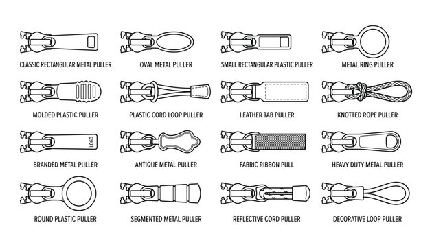 Assortment of zipper pullers for bags and clothing, vector illustration graphic design.