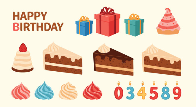Festive set of birthday party items includes colorful gift boxes, various slices of cake, cupcakes, and numbered candles from zero to nine.