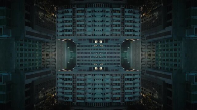 mirrored fractal cityscape skyline with symmetrical skyscraper geometry, abstract urban city architecture pattern with futuristic kaleidoscope reflection effect, technology background 4k