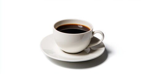 Obraz premium The coffee cup on a white saucer casting a soft shadow on white background