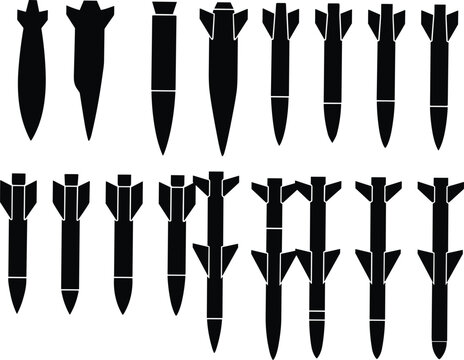 Bomb and Aerial Missile Silhouette Set with Military Ordnance IconsBomb and Aerial Missile Silhouette 