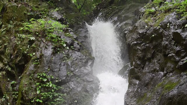 [スロー]岩肌を流れ落ちる滝　マイナスイオンなどの日本の自然のイメージ動画