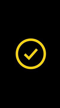 Bright check mark icon with sun rays on black background. Check mark success and approval concept loop animation .
