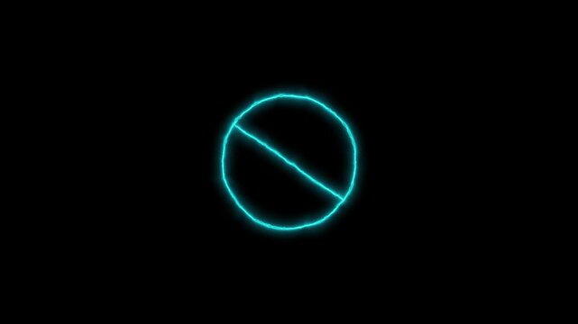 Glowing cyan neon sign stop, cross, cancel, prohibited icon animation on black background.