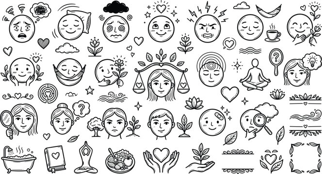 Mental health and mindfulness self care hand drawn doodle vector icons set featuring emotional expressions mood tracker balance meditation and psychology elements pack
