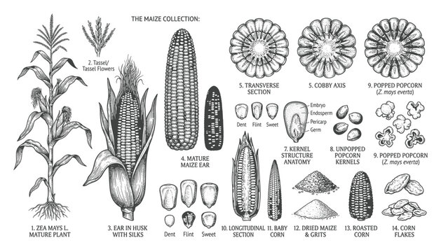 Detailed vintage maize plant and corn parts illustration vector transparent background.