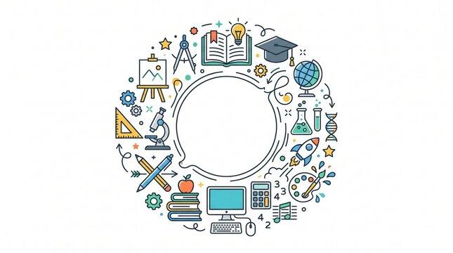 Minimalist line illustration featuring various school and education icons around a blank center, symbolizing learning, creativity, and academic subjects in a playful, modern design.