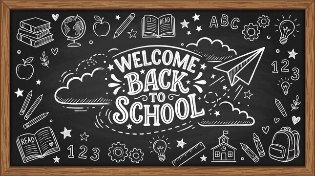 Chalkboard-style illustration with white hand-drawn text &ldquo;Welcome Back to School,&rdquo; surrounded by clouds and a paper airplane, symbolizing education, creativity, and classroom excitement.