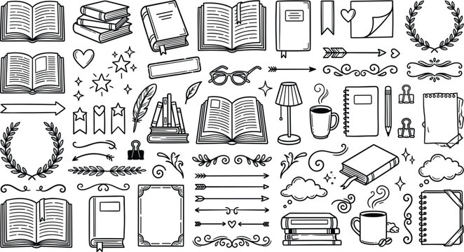 Book lover and reading cozy library hand drawn doodle vector icons set featuring open books notebook journals coffee cups glasses and ornamental divider elements pack