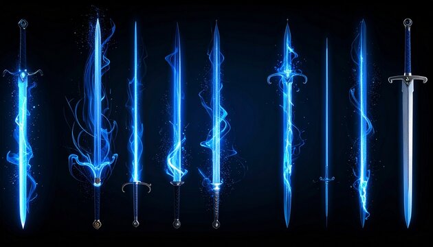 Ethereal swords, glowing blue, against a dark void