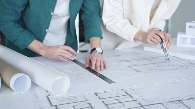 Architects discussing apartment building blueprint at office desk, using drafting tools for new architectural project design. Architecture and business concept