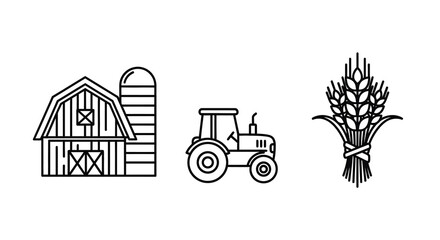 Farm Building Tractor And Wheat Sheaf Line Art Icons On White Background © RABEYA