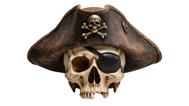 Pirate skull with weathered tricorn hat and eye patch