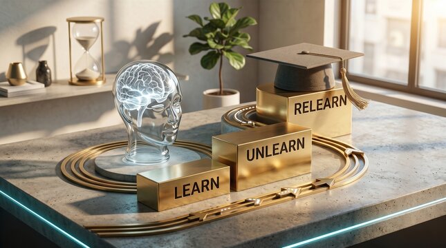 Conceptual business strategy blocks featuring learn unlearn and relearn progression with glowing human brain model display