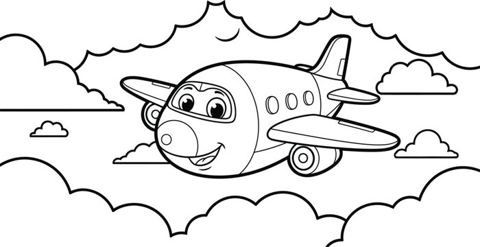 Smiling airplane flying through cloudy skies coloring page