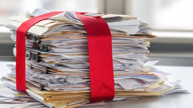 Red tape overfilled document stack wrapped with ribbon bureaucracy paperwork overload close up office scene