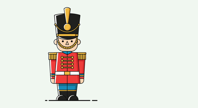 Toy nutcracker soldier wearing a red uniform with gold details and a tall black hat standing against a light green background.