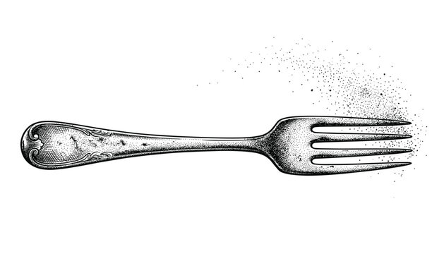 Vintage engraved fork with detailed ornament on handle, graphic utensil for dining, isolated on transparent vector background.