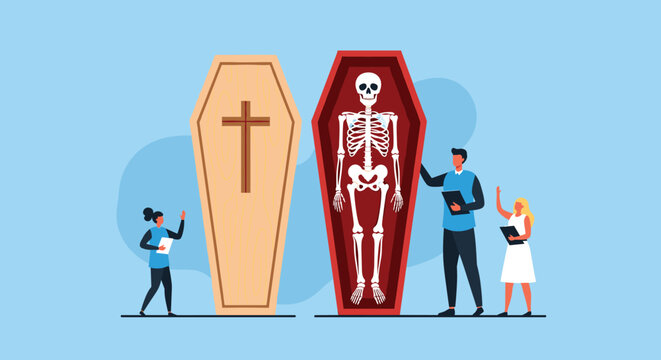 Medical professionals study a human skeleton inside an open red coffin next to a closed wooden coffin with a cross on the lid.