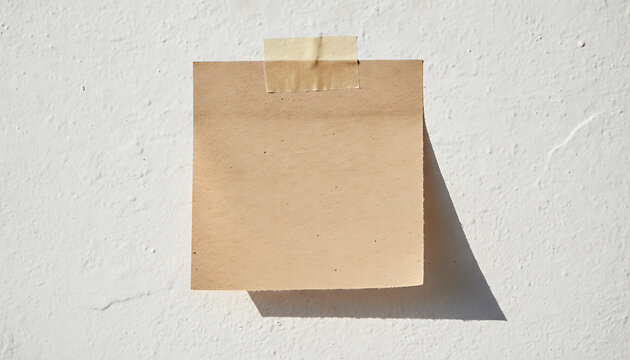 Brown paper note taped to textured white wall adhesive