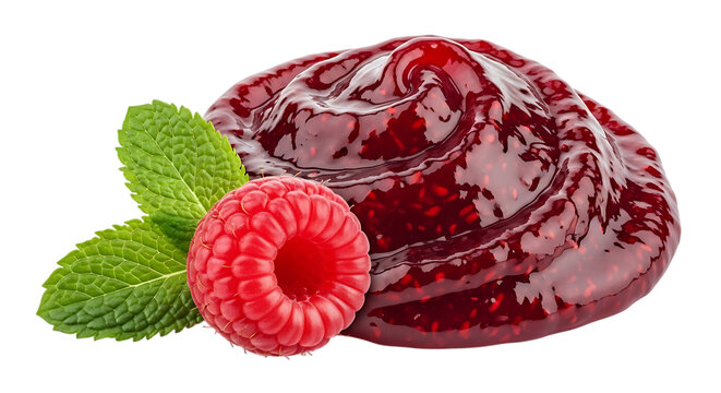 A swirl of thick, glossy raspberry jam or fruit preserve with a fresh whole raspberry and two green mint leaves, isolated on a white background, food isolated on a transparent background