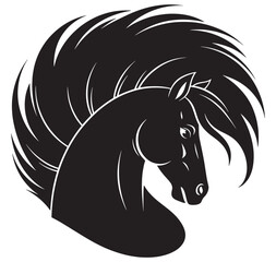 Fototapeta premium Black horse head with flowing mane isolated on white background horse head with long flowing mane black horse silhouette