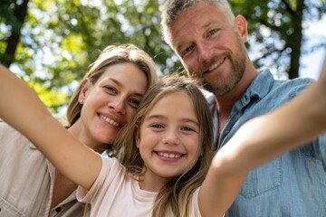 Fototapeta premium The family taking a cheerful outdoor selfie in sunlit park parents and daughter smiling