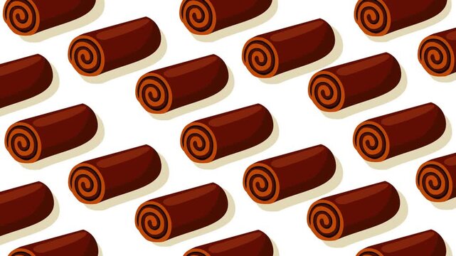 Seamless pattern of chocolate swiss roll cakes on white background, perfect for bakery branding, dessert content, packaging, and sweet food visuals for marketing and motion graphics use.