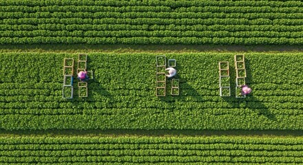 Aerial drone view of workers harvesting lush green tea plants in orderly rows on a bright sunny day. © Wong