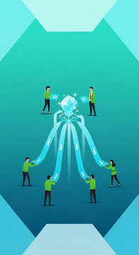 Teamwork concept: figures contribute information towards a central crystal, symbolizing collaboration and data aggregation for a valuable outcome.