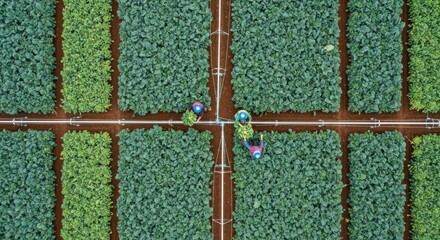 Aerial View of Agricultural Workers Harvesting Lush Green Crops in Perfectly Laid Rows © Wong