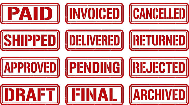 Comprehensive vector set of essential document approval and transaction status stamps with a distressed texture for business workflow management