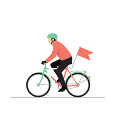 Naklejka premium A minimalist side view of a person riding a bicycle with a flag attached to the back, moving through a clean urban space, 5 solid colors: mint green, coral, white, black, silver. minimalist flat