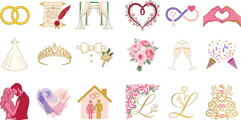 Wedding Romance Icons Collection with Love and Marriage Decorative Elements © Natasa.White