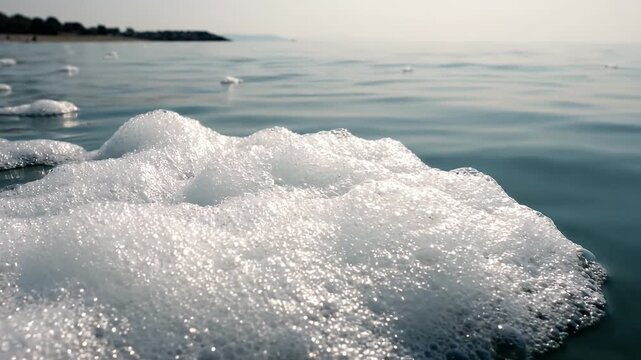 White sea foam bubbling over dark water. Ocean froth moving. Liquid surface ripples water.