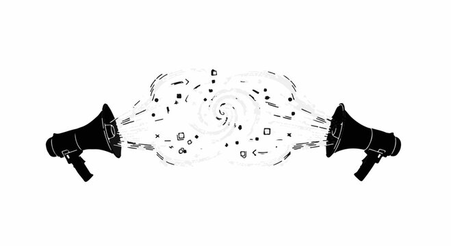 Two silhouettes of megaphones emitting abstract sound waves and particles in a symmetrical pattern.