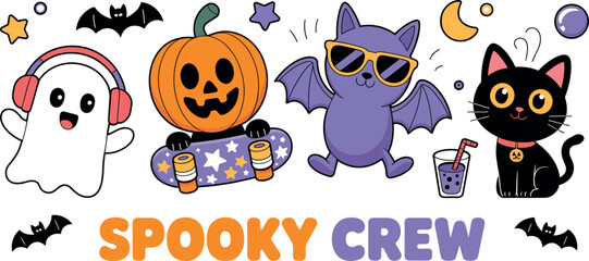 Cute Halloween vector collection featuring spooky crew ghost with headphones pumpkin on skateboard and cool bat © Md