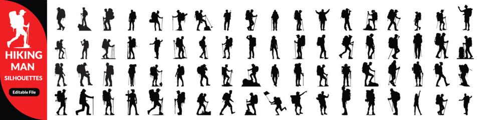 Obraz premium hiking man , man hiking mountain with stick silhouette. Silhouette of hiker, Hiking Mountaineering, hiking